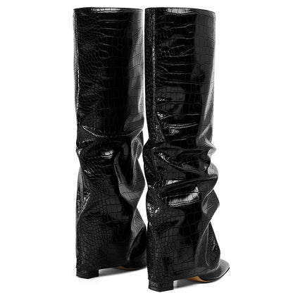 GIGIFOX Knee High Fashion Women Fold Over Boots Pleated Block High Heel Pointed Toe Shoes All-Match Street Snap Boots For Woman