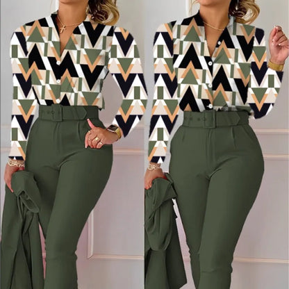 Women's Elegant Autumn/Winter Printed V-Neck Long Sleeve Button Shirt Top Fashion Solid Color Long Pants 2 Piece Set With Belt