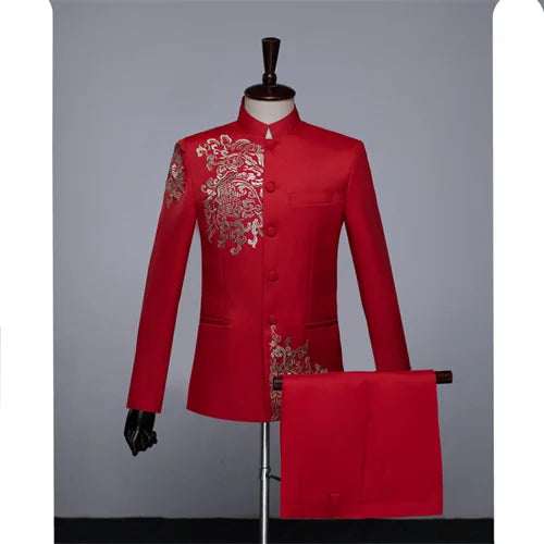 New Men Standing Collar Embroidered Suit 2 Piece Fashion Male Business Social Wedding Prom Stage Performance Dress Blazer Pant