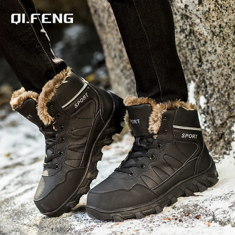 Men's Winter Snow Boots Leather Fabric Thickened Plush Shoes Extra Large Outdoor Mountaineering Anti Slip Training Shoes 39-48