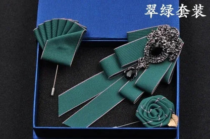 Fashion Handmade Bow Tie Wedding Collar Luxury Rhinestone Bowtie Necktie Brooch Pocket Towel Square Set Gift for Men Accessories
