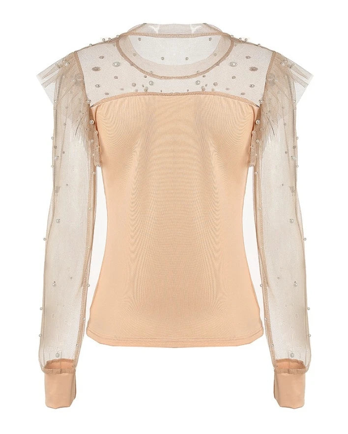 Tops for Women 2024 Summer Casual Beaded Sheer Mesh Ruffles O-Neck Long Sleeve Top Fashion Female Blouses Elegant Clothing