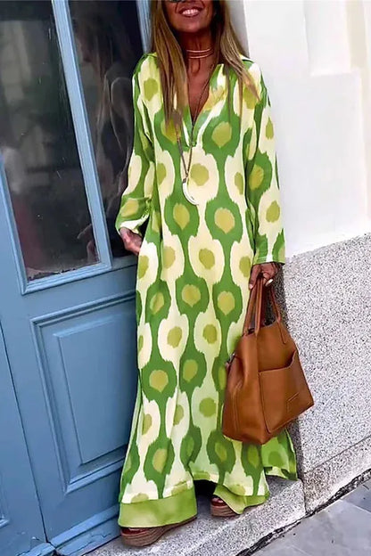 Spring Autumn Casual V Neck Long Sleeve Dress Women Fashion Geometric Printing Split Maxi Dresses Holiday Beach Boho Dress 2024