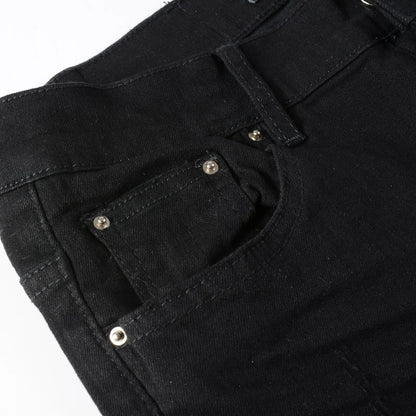 High street fashion new men's black jeans stretch slim fit retro washed leather patch jeans hip-hop brand designer pants Hombre