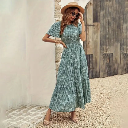 Spring Summer Tierred Dress Women Midi Dresses Female Short Sleeve Elastic Waist Printed Floral Pleated Backless Casual Dress