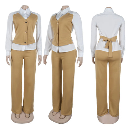 HLJ Elegant Lady Patchwork Shirts Two Piece Sets Women Lapel Long Sleeve Button Top And Pants Outfits Autumn OL 2pcs Clothing
