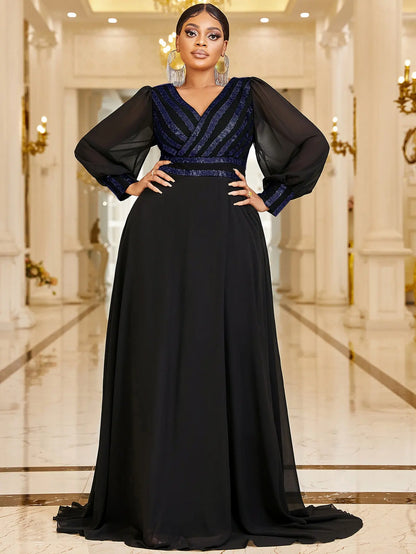 Plus Size V Neck Stripe Sequined Chiffon Dress 5XL 6XL Big Size Black Maxi Long Sleeve Spring Gold Stripe Luxury Evening Dresses