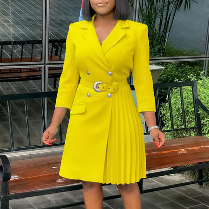 Elegant Dresses for Woman 2024 Autumn Winter New Trends Notched Collar Full Sleeve Sashes Pleated Mid Calf Solid Fashion Dress