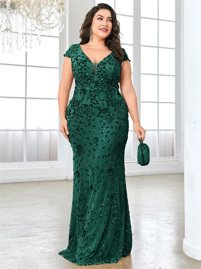 XUIBOL Plus Size  Elegant Sequin Evening Dress Long 2024 Women Mermaid Formal Deep V-neck Prom Luxury Wedding Party Dresses