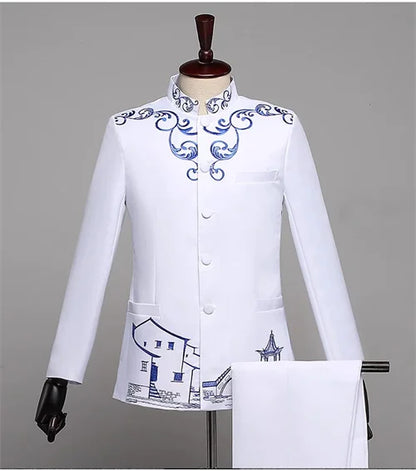 New Men Standing Collar Embroidered Suit 2 Piece Fashion Male Business Social Wedding Prom Stage Performance Dress Blazer Pant