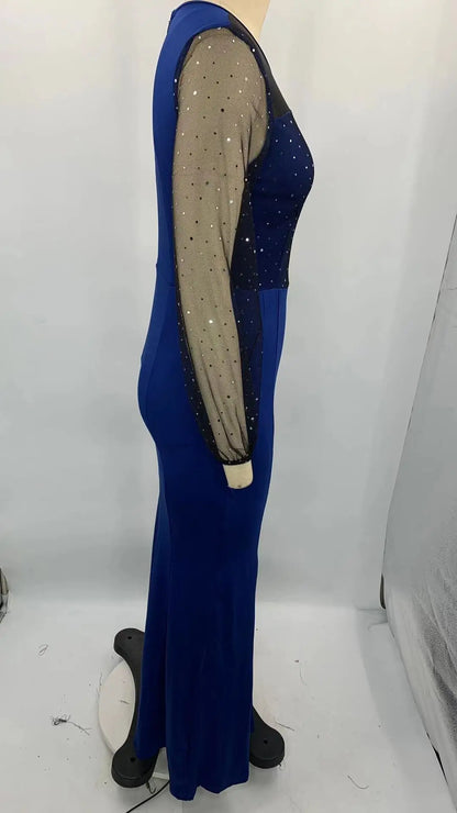 Mesh Patchwork Dress Womens Fashion Round Neck Long Sleeve Slim Elegant Dress Women