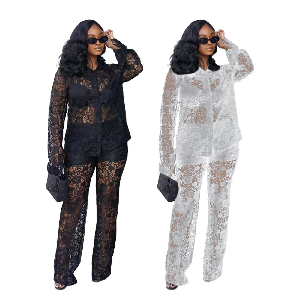 Perspective Lace Pants Set Summer 2024 New 2 Piece Set Chic Slim Elegant Office Women's Set Fashion Street Youth 2-piece Suit