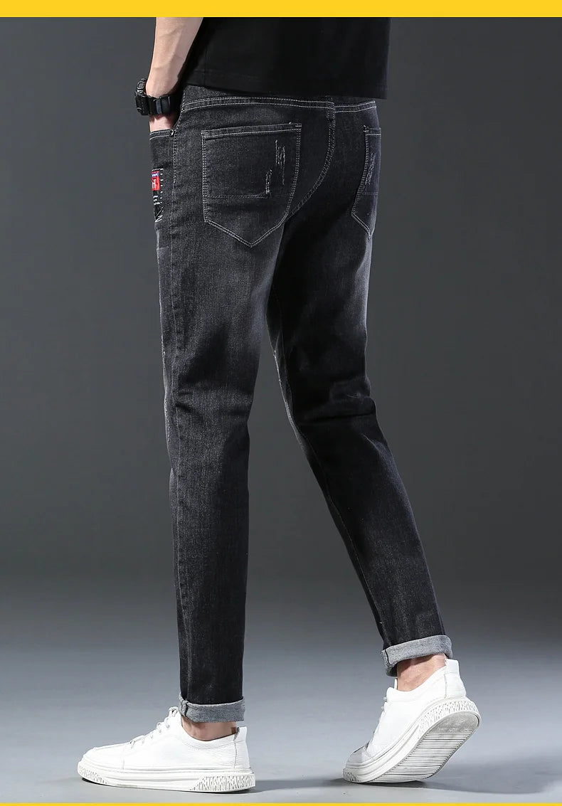 New Arrival Men's Denim Jeans Fashion Straight Slim Elastic Korea Fashion Casual Denim Trousers Male Pants Grey Black Dropship