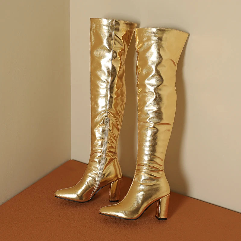 Winter Plus Size 40-45 Sexy Thigh High Boots Long Over Knee Gold Silver Block High Heel Boot Womens Shoes Pointed Toe Botas 2023