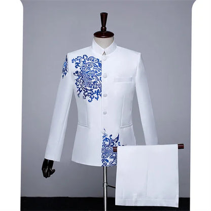 New Men Standing Collar Embroidered Suit 2 Piece Fashion Male Business Social Wedding Prom Stage Performance Dress Blazer Pant