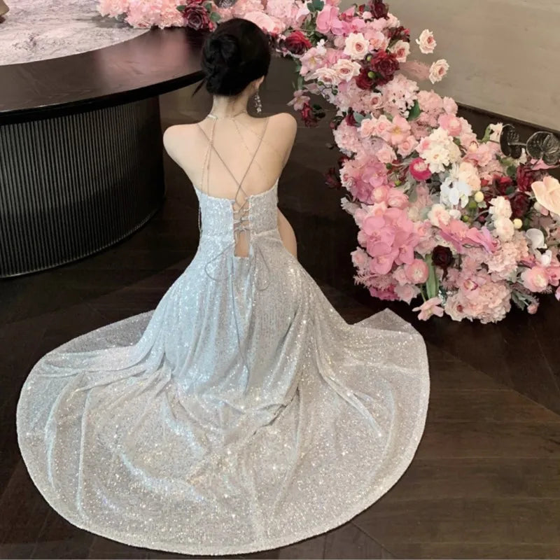 Sexy Backless Sequined Maxi Dresses for Women V-neck Lace-up High Split Evening Luxury Dress Fashion Birthday Party Prom Robe