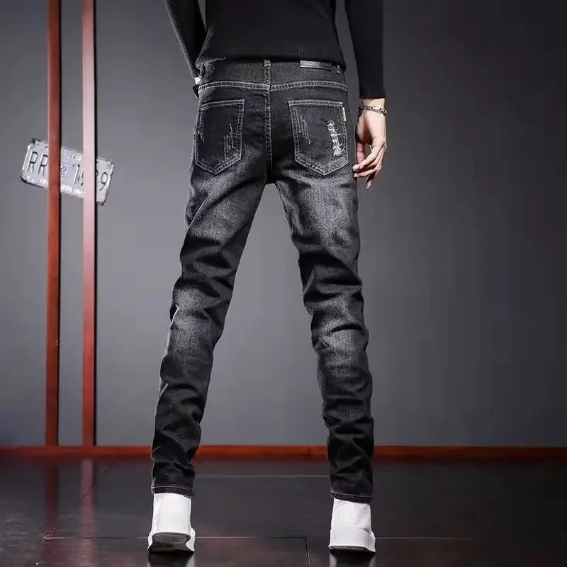 Men's Spring Autumn New Style Black Casual Jeans Korean Trendy Versatile Distressed Slims Smooths Your Silhouette Men's Trousers