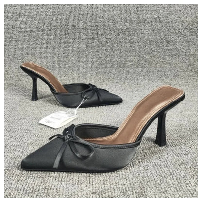Bow High Heels Slippers Women Pointed Toe Mules Shoes Sexy 2025 Summer Dress Party Stilettos Sandals Woman Slides Trend Pumps