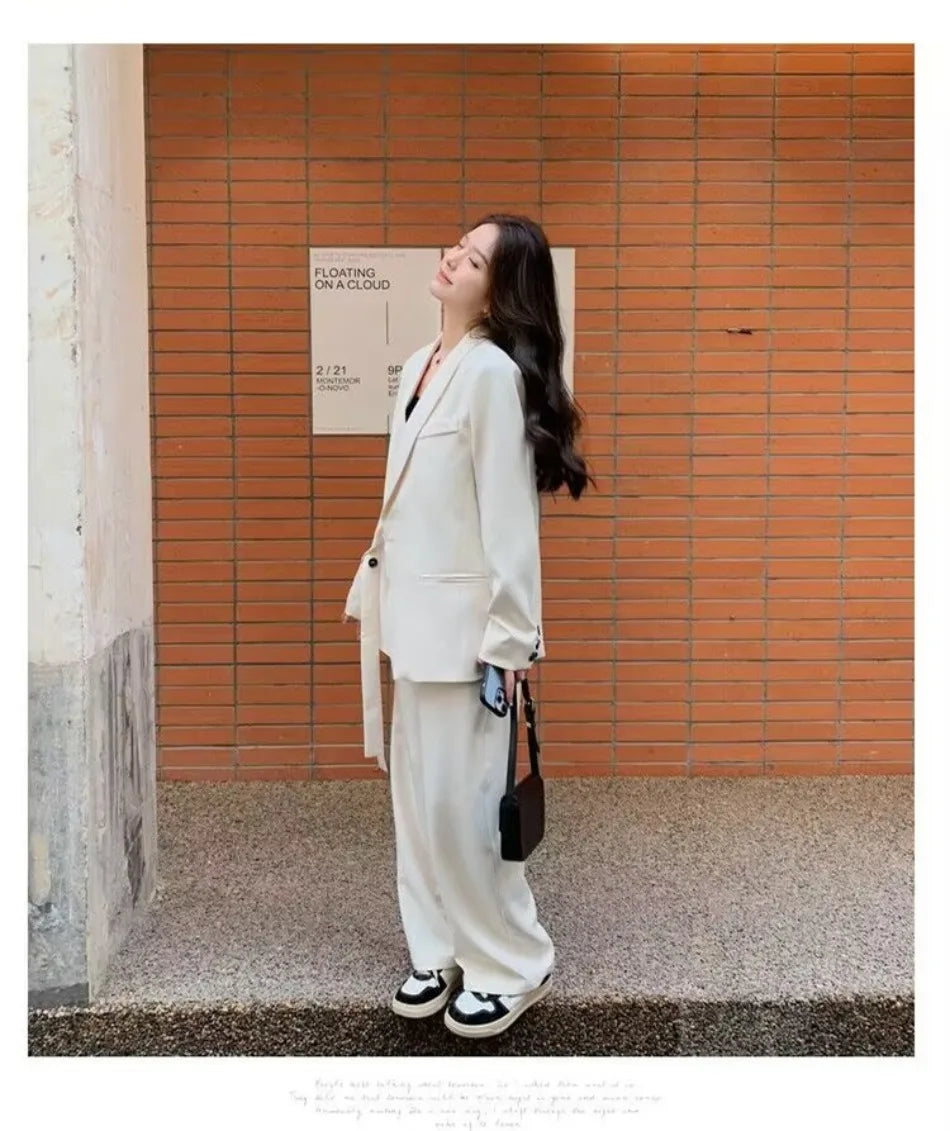 Women's Korean Fashion Long Sleeve Blazer And Wide Leg Pants Two-Piece Set Office Casual Loose Fit Spring Autumn Suits
