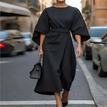 Spring Fashion Solid Color Dress Women Sexy Round Neck Bat Sleeve High Waist Dress Elegant Commuting Dresses for Women Summer
