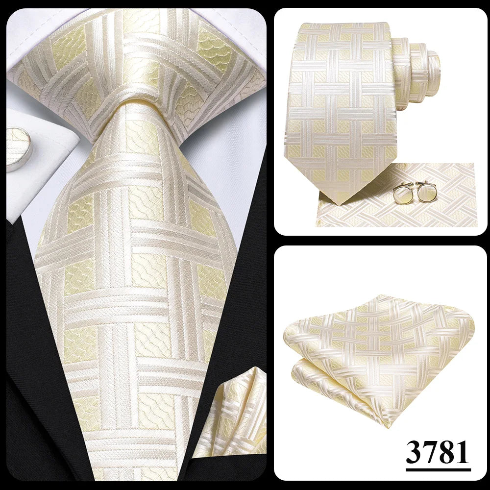 Hi-Tie Champagne Gold-color Silk Mens Elegant Ties Fashion Mens Necktie Pocket Square Cufflinks Set Business Party Wedding