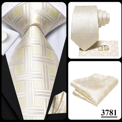 Hi-Tie Champagne Gold-color Silk Mens Elegant Ties Fashion Mens Necktie Pocket Square Cufflinks Set Business Party Wedding