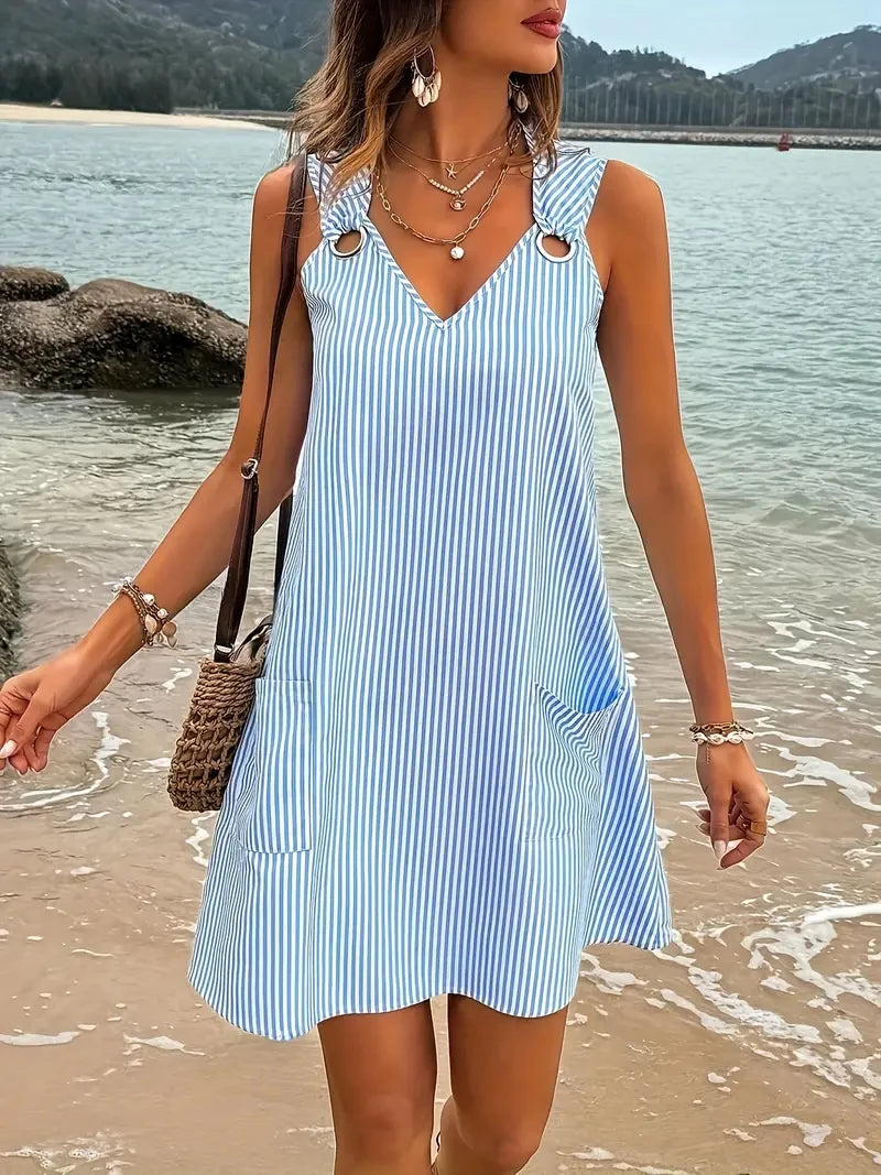 New blue and white striped sleeveless V-neck pocket plus size women's dress for summer