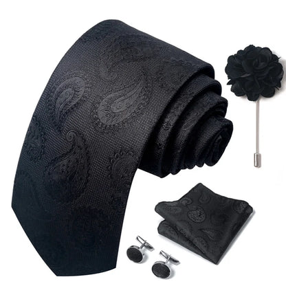 Luxury Mens Ties Floral Black Gold Ties Paisley NeckTie Pocket Square Cufflinks Brooch Set Men's Wedding Party Tie