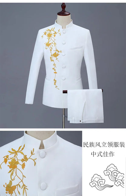 New Men Stand Collar Embroidery Suit 2 Piece Black / White / Red Fashion Male Stage Party Perform Blazer and Trousers