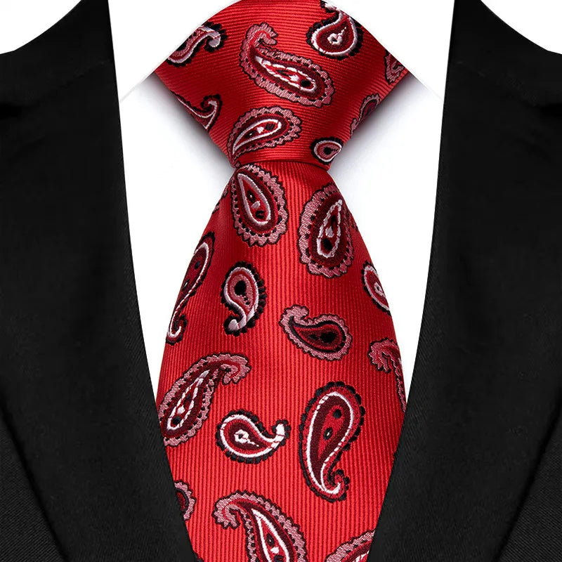 Luxury 8CM Mens Necktie Red Color Solid Stripes Paisley Ties For Man Groom Jacquard Woven Neck Tie For Business Wedding Party