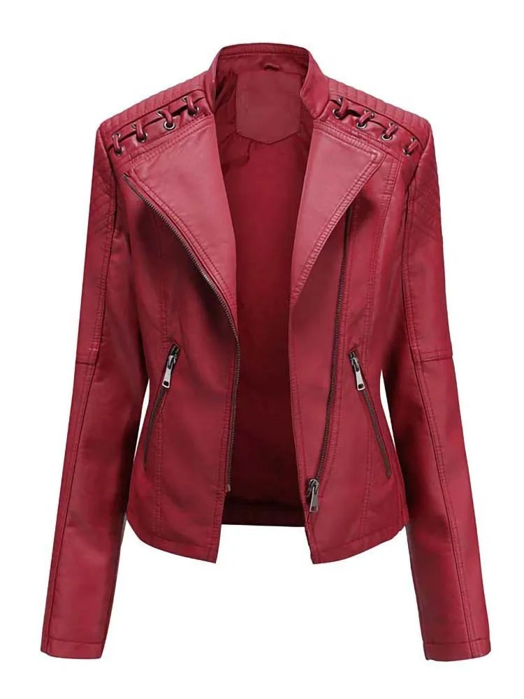 Women's Faux Leather Jackets Autumn Winter Long Sleeve Zipper Slim Motorcycle Biker Leather Coat Loose Fashion Outwear Tops