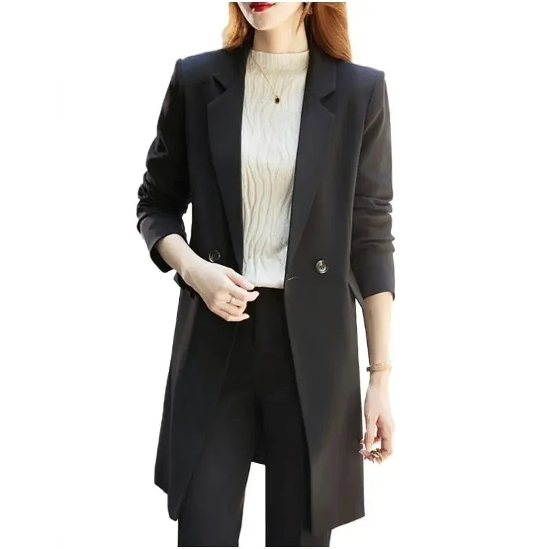 2025 New Blazer Jacket Autumn Winter Casual Long Sleeve Female Suit Coat Mid Long Double Breasted Women Work Wear Jacket