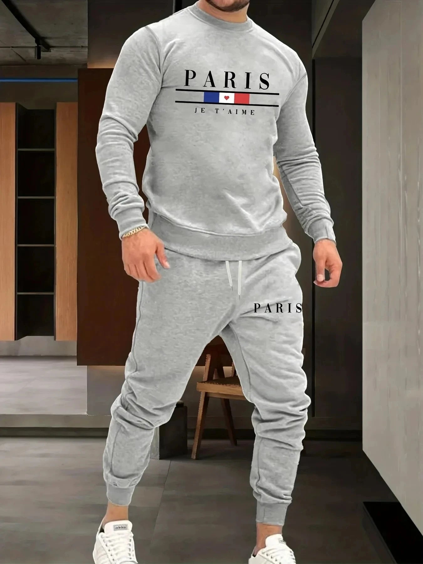 Men's Sports Set, Paris Long-sleeved, 3D Printing, Simple Design, Fashion Brand Clothing, Casuai Sets