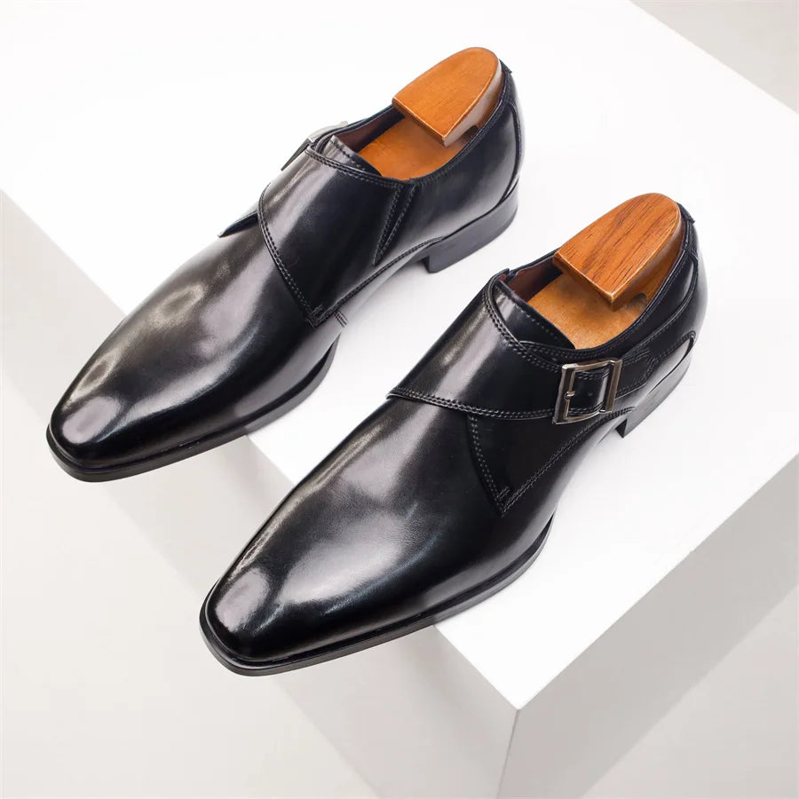 Newest Men's Cow Leather Shoes Buckle Pointed Dress Shoes Men Classic Business Formal Social Office Party Wedding Shoes