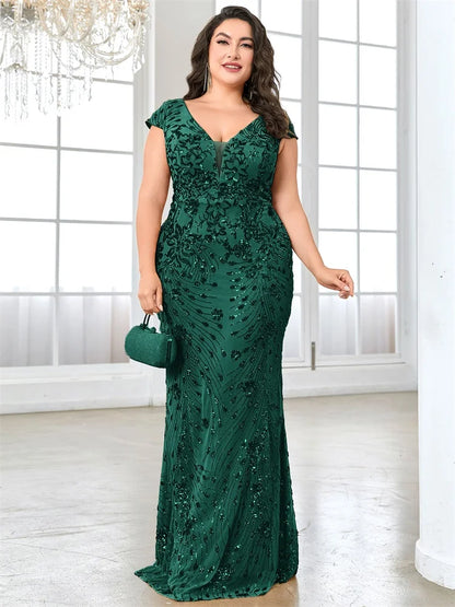 XUIBOL Plus Size  Elegant Sequin Evening Dress Long 2024 Women Mermaid Formal Deep V-neck Prom Luxury Wedding Party Dresses