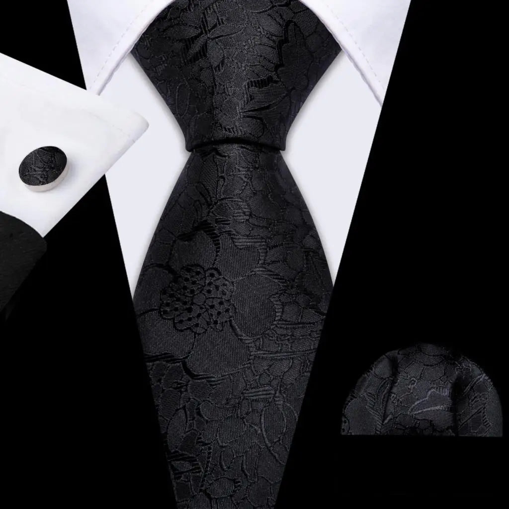 Barry.Wang Black White Gray Silver Silk Men Tie Handkerchief Cufflinks Set Jacquard Necktie for Male Wedding Business Party Gift
