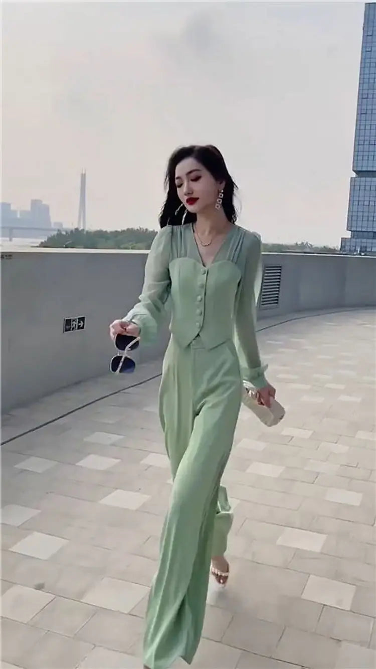 Women's Two Piece Set 2023 Spring/Summer New Casual Celebrity Top Drop Wide Leg Pants Set Women's Summer Trend