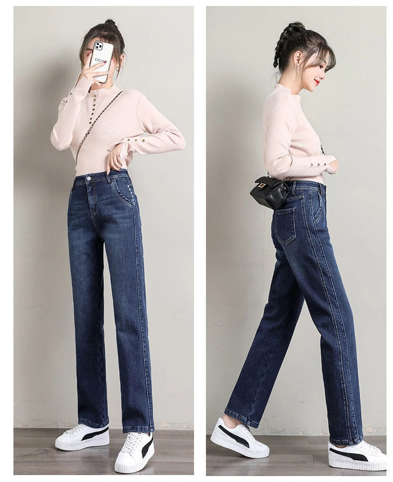 New Winter Thick Warm Fleece Women Straight Jeans Women Classic High Waist Thicken Fashion Warm Denim Pants Retro Cowboy Trouser