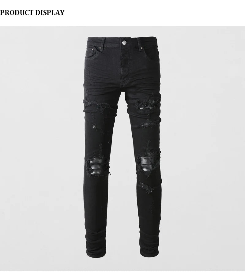 High street fashion new men's black jeans stretch slim fit retro washed leather patch jeans hip-hop brand designer pants Hombre