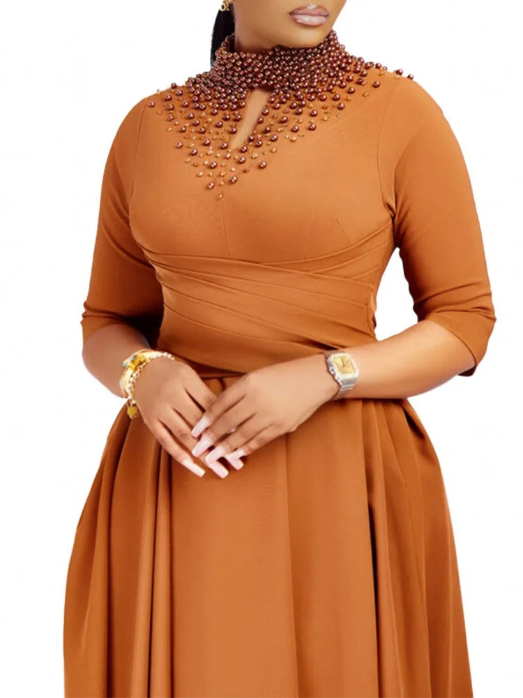 Turtleneck Beaded Elegant Dress Women's Fashion 3/4 Sleeve High Waist Midi African Dress Big Size Outfit Woman Festival Clothing