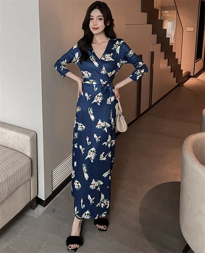 FANIECES Summer Wrap Dresses Women Sexy V Neck Split Maxi Dress Print Female Casual Beachwear Lace Up Party Vestidos Robe платье
