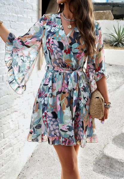 Spring Summer New Women Dress Fashion Elegant Printed Strappy Lace-Up V-neck Fairy Skirt Female Girls Gathering Party Date Dress