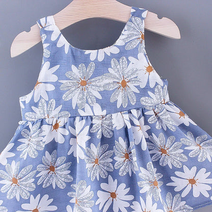 Summer New Girl Fashion Dress Small Chrysanthemum Hanging Strap Big Bow Princess Dress Party Dress 0-3 Years Old