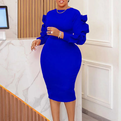 Elegant Office Dresses for Woman 2024 New O Neck Petal Sleeve Sheath Package Hips Mid Calf Formal Business Work Wear Dress Midi