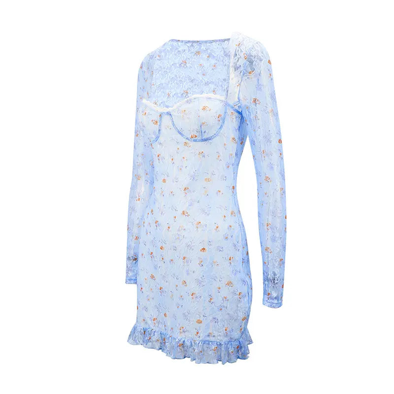 Spring New Women's Dresses Sexy Low Chest Lace Print Mini Dress Fashion Long Sleeves Casual Slim Elegant Female Dresses Clothing