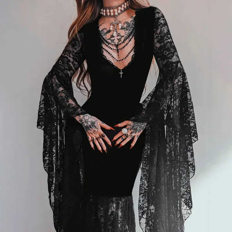 Y2K Goth Floral Lace Mesh Flared Sleeve Bodycon Party Dresses Sexy Vintage Elegant Black Velvet V-Neck Long Dress Partywear