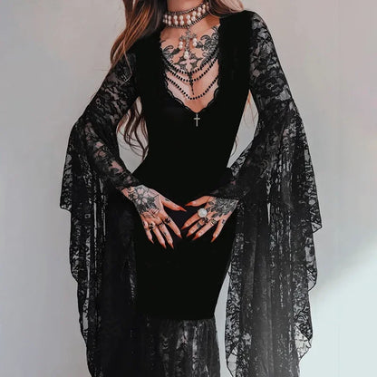 Y2K Goth Floral Lace Mesh Flared Sleeve Bodycon Party Dresses Sexy Vintage Elegant Black Velvet V-Neck Long Dress Partywear