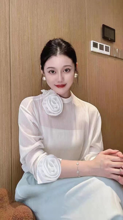 Spring Summer 2024 New Top For Women Two Pieces Design Three-dimensional Flowers Transparent Thin Chiffon Shirt Long Sleeve 4390