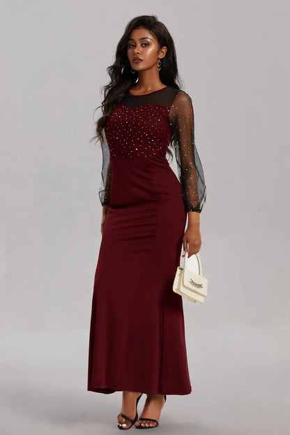 Mesh Patchwork Dress Womens Fashion Round Neck Long Sleeve Slim Elegant Dress Women