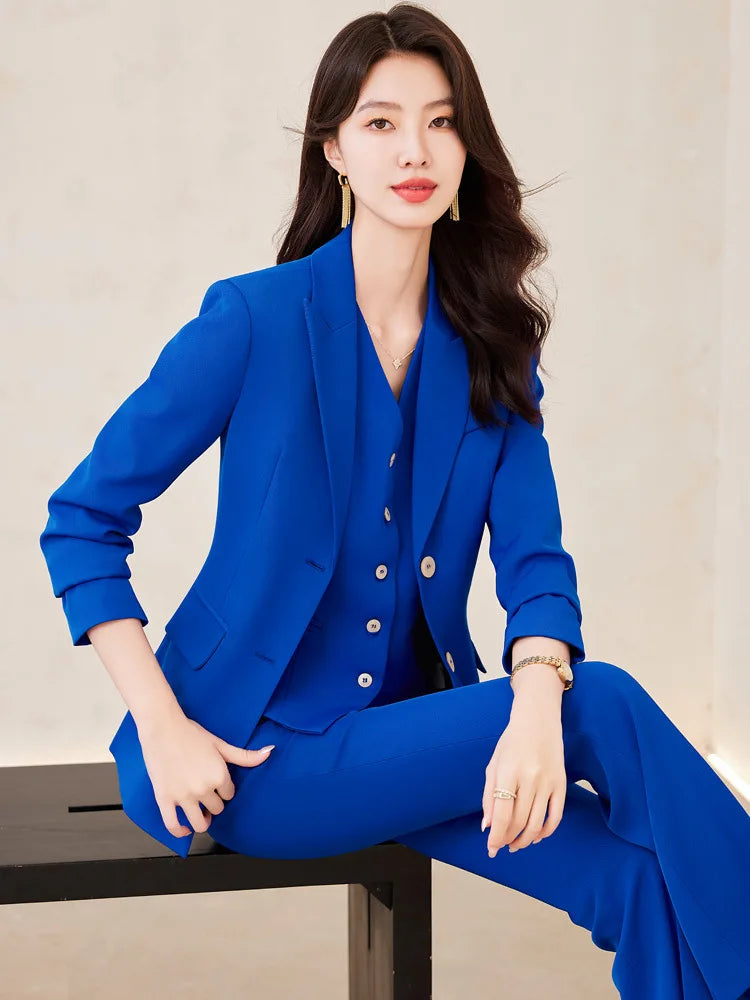 Temperament Women's Office Suit Jacket Pants Vest 3 Piece Blue Notch Lapel Jacket Autumn Women's Pants Sets ropa de mujer